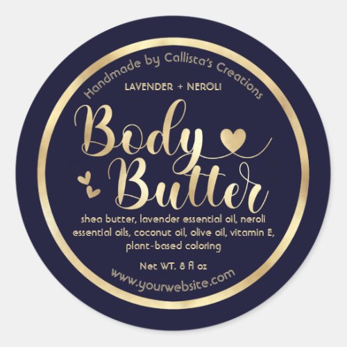 Gold Foil Navy Blue Hearts Border Shea Body Butter Classic Round Sticker