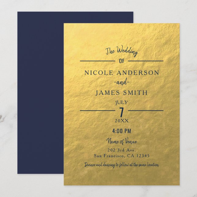 Gold Foil Navy Blue Minimal Clean Classic Wedding Invitation (Front/Back)
