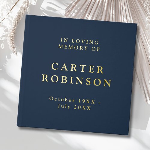 Gold Foil Navy Blue Photo Memorial Guest Book