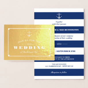 Gold Foil & Navy Blue Stripes Nautical Wedding Card