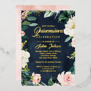 GOLD FOIL Navy Blush Floral Wreath Quinceanera Foil Invitation