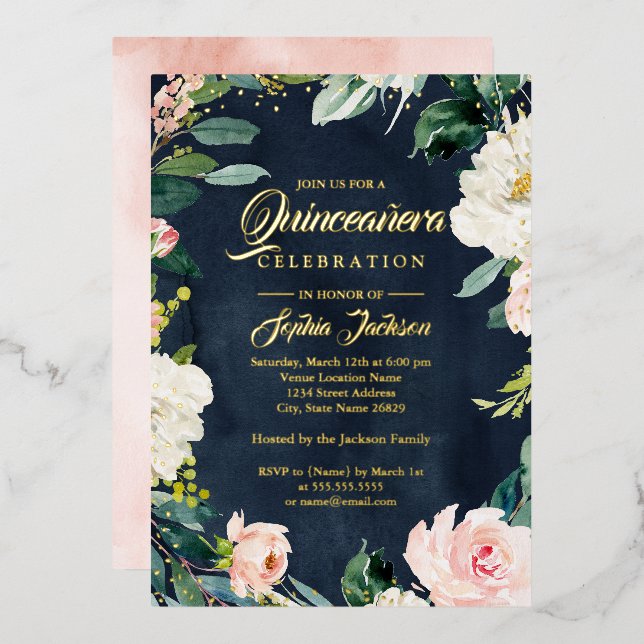 GOLD FOIL Navy Blush Floral Wreath Quinceanera Invitation (Front/Back)