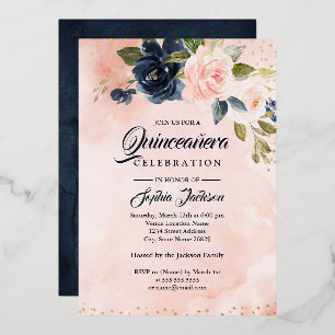 GOLD FOIL Navy Blush Pink Floral Quinceanera Foil Invitation
