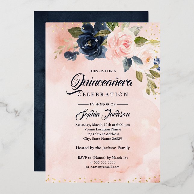 GOLD FOIL Navy Blush Pink Floral Quinceanera Foil Invitation (Front/Back)