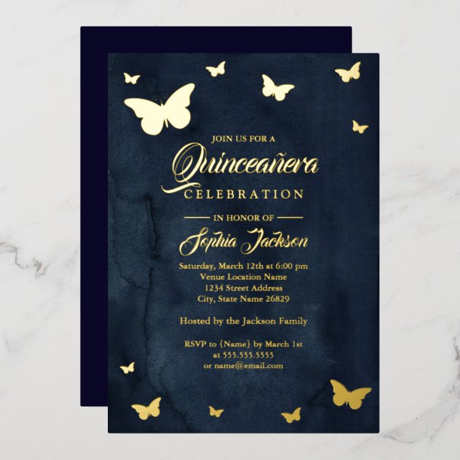 GOLD FOIL Navy Butterfly Quinceanera Foil Foil Invitation (Front/Back)