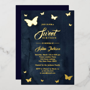 GOLD FOIL Navy Butterfly Sweet 16 Gold Foil Invitation