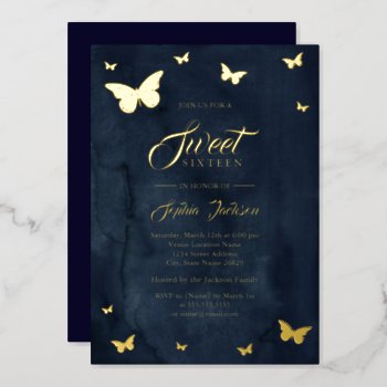 Gold Foil Navy Butterfly Sweet 16 Gold Foil Invitation by LittleBayleigh at Zazzle