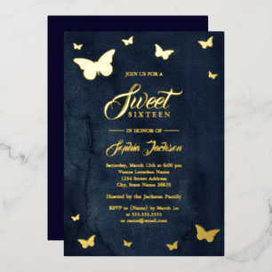 GOLD FOIL Navy Butterfly Sweet 16 Gold Invitation