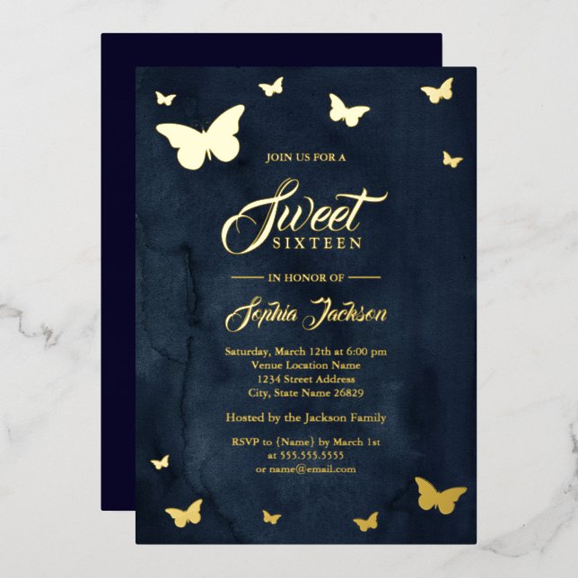 GOLD FOIL Navy Butterfly Sweet 16 Gold Invitation (Front/Back)