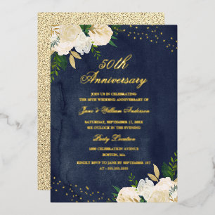 GOLD FOIL Navy Gold Floral 50th Anniversary Invitation