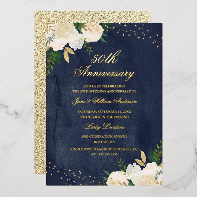 GOLD FOIL Navy Gold Floral 50th Anniversary Invitation (Front/Back)