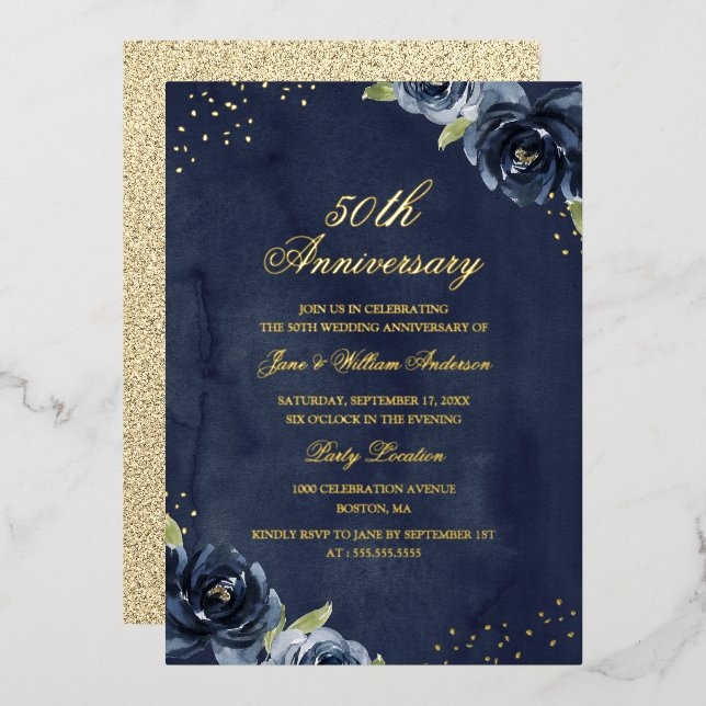 GOLD FOIL Navy Gold  Floral Anniversary Invitation Foil Invitation (Front/Back)