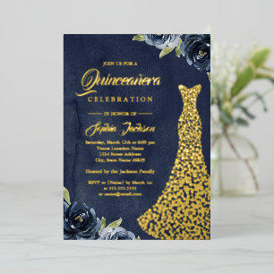 GOLD FOIL Navy Gold Floral Dress Quinceanera  Foil Invitation