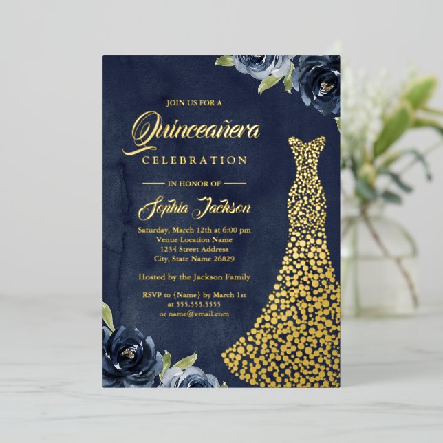 GOLD FOIL Navy Gold Floral Dress Quinceanera  Foil Invitation (Standing Front)
