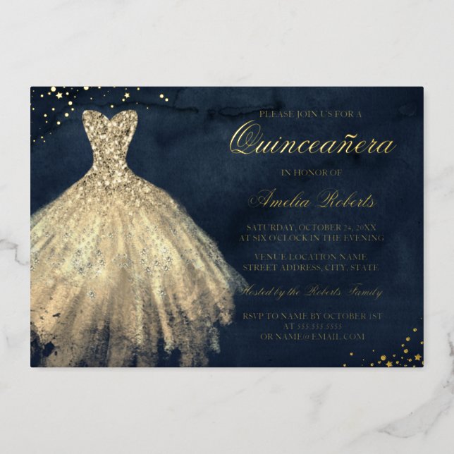 GOLD FOIL Navy Gold Sparkle Dress Quinceanera  Foil Invitation (Front)
