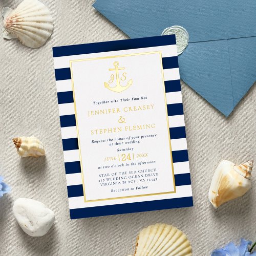 Gold Foil Navy Nautical Stripes Anchor Wedding Foil Invitation