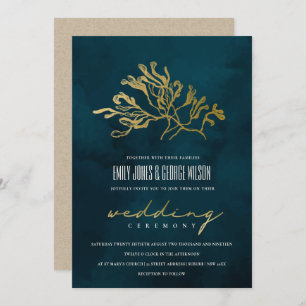 GOLD FOIL NAVY UNDERWATER SEAWEED WEDDING INVITE