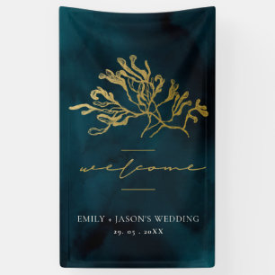 GOLD FOIL NAVY UNDERWATER SEAWEED WEDDING WELCOME BANNER
