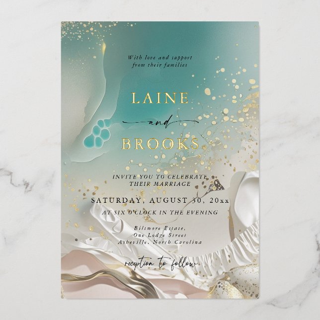 Gold Foil Ocean Tide Ethereal Shoreline Wedding Invitation (Front)