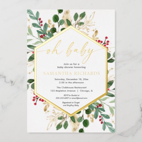 Gold Foil Oh Baby watercolor Christmas baby shower Foil Invitation