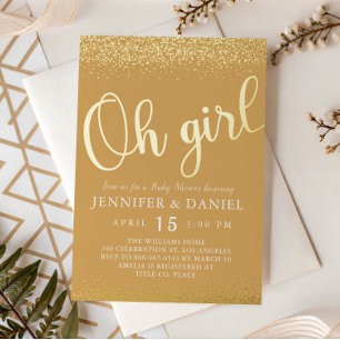 Gold Foil Oh Girl Glam Confetti Script Invitation