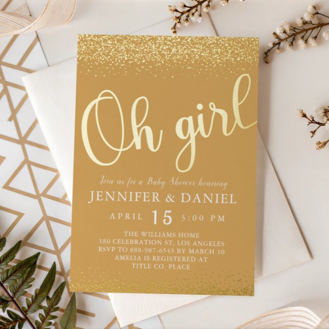 Gold Foil Oh Girl Glam Confetti Script Invitation (Creator Uploaded)