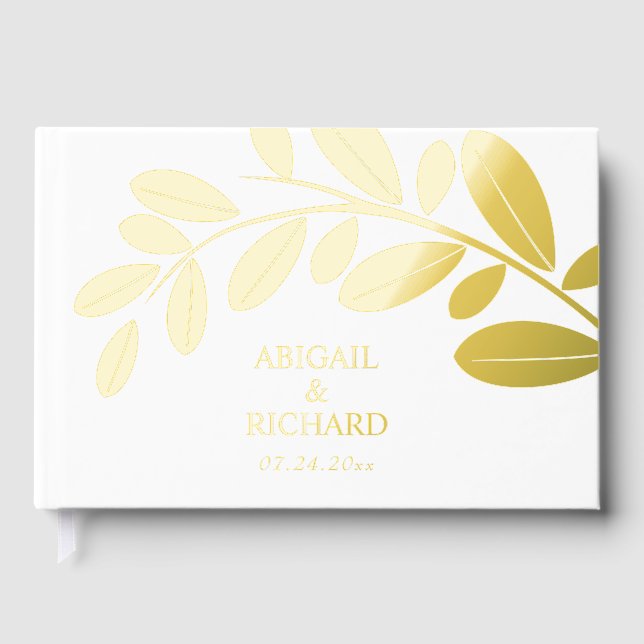 Gold foil olive branch Mediterranean white wedding Foil Guest Book (Front)