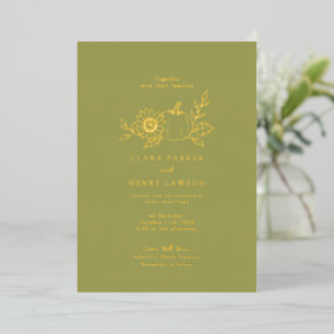 Gold Foil Olive Green Pumpkin Sunflower Photo Invitation