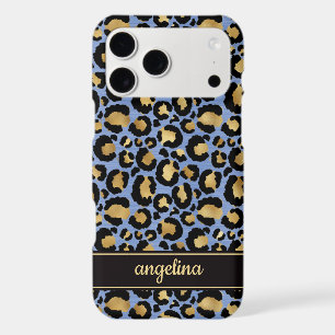 Gold Foil On Blue Leopard Print Monogrammed iPhone 17 Pro Max Case