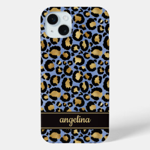Gold Foil On Blue Leopard Print Monogrammed iPhone 15 Plus Case