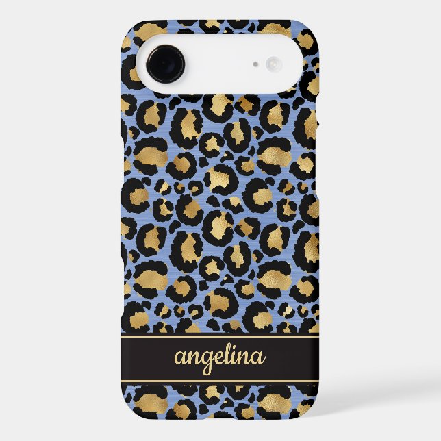 Gold Foil On Blue Leopard Print Monogrammed Case-Mate iPhone Case (Back)