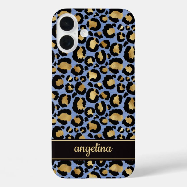 Gold Foil On Blue Leopard Print Monogrammed Case-Mate iPhone Case (Back)