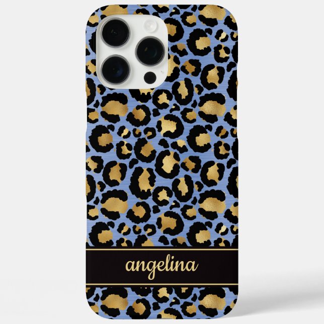 Gold Foil On Blue Leopard Print Monogrammed Case-Mate iPhone Case (Back)