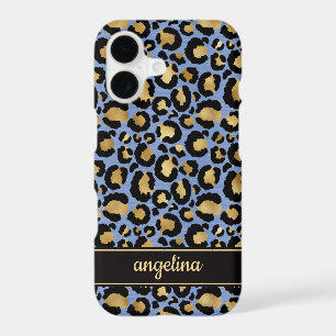 Gold Foil On Blue Leopard Print Monogrammed iPhone 17 Case