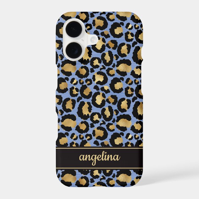 Gold Foil On Blue Leopard Print Monogrammed Case-Mate iPhone Case (Back)