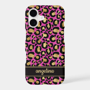 Gold Foil On Hot Pink Leopard Print Monogrammed iPhone 17 Case