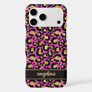 Gold Foil On Hot Pink Leopard Print Monogrammed iPhone 17 Pro Max Case