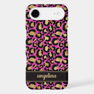 Gold Foil On Hot Pink Leopard Print Monogrammed iPhone 17 Air Case
