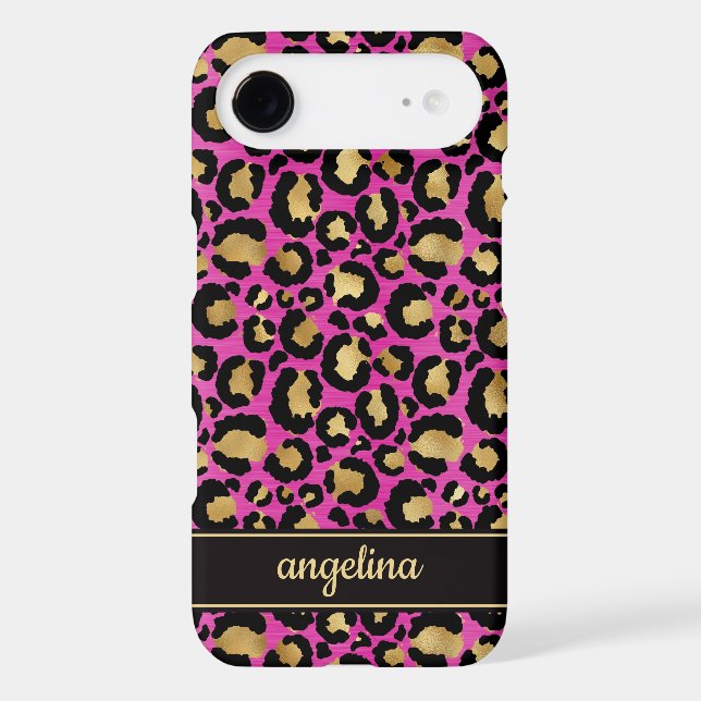 Gold Foil On Hot Pink Leopard Print Monogrammed Case-Mate iPhone Case (Back)
