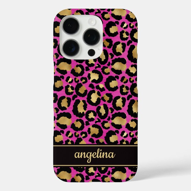 Gold Foil On Hot Pink Leopard Print Monogrammed Case-Mate iPhone Case (Back)