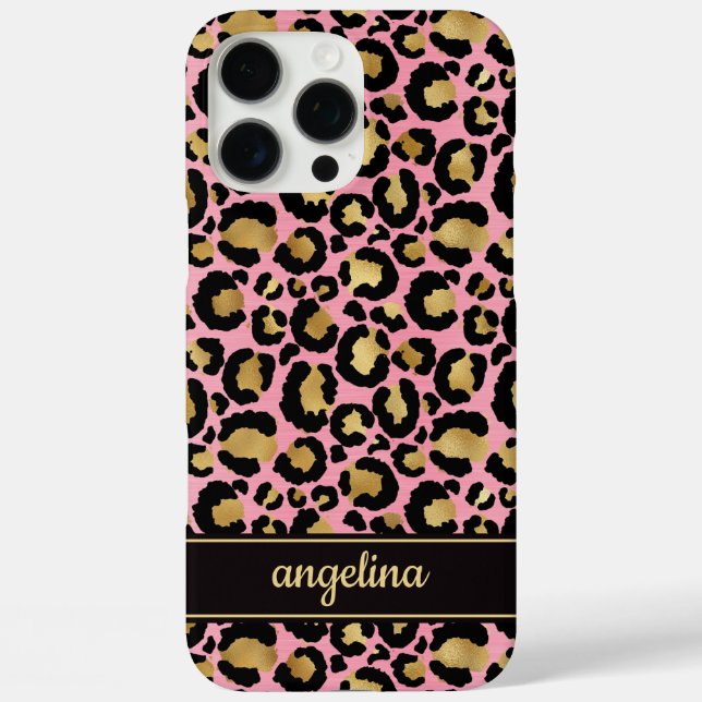 Gold Foil On Pink Leopard Print Monogrammed Case-Mate iPhone Case (Back)