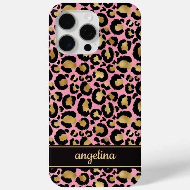 Gold Foil On Pink Leopard Print Monogrammed Case-Mate iPhone Case (Back)