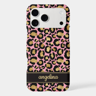 Gold Foil On Pink Leopard Print Monogrammed iPhone 17 Pro Max Case