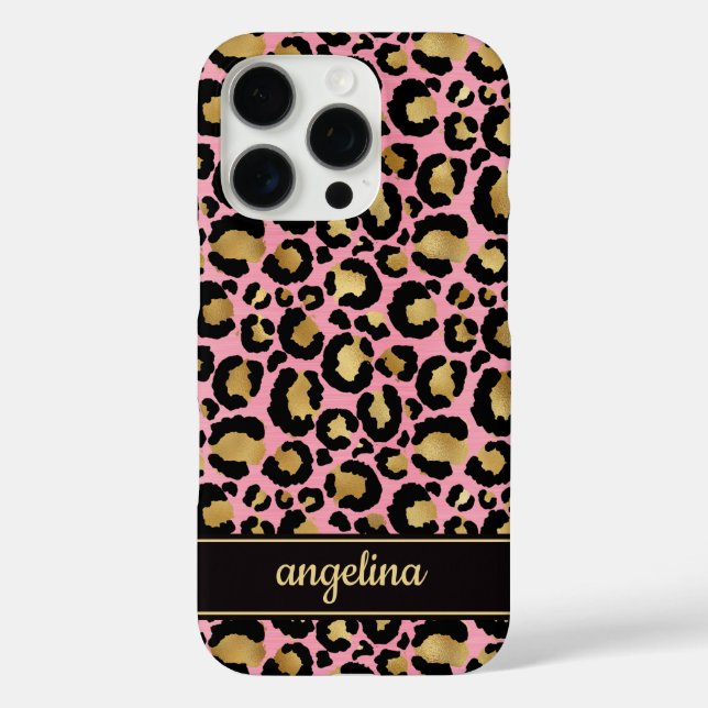 Gold Foil On Pink Leopard Print Monogrammed Case-Mate iPhone Case (Back)