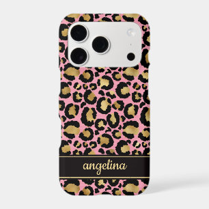 Gold Foil On Pink Leopard Print Monogrammed iPhone 17 Pro Case