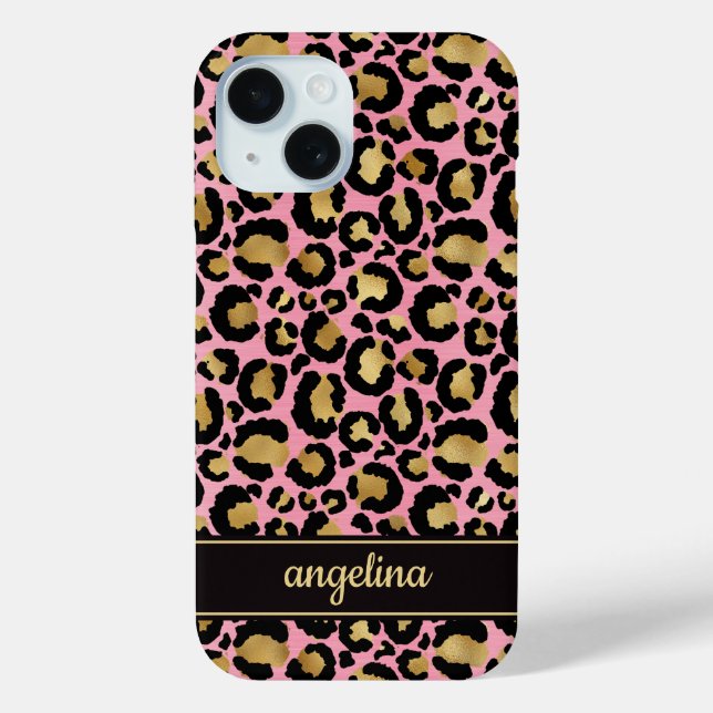 Gold Foil On Pink Leopard Print Monogrammed Case-Mate iPhone Case (Back)