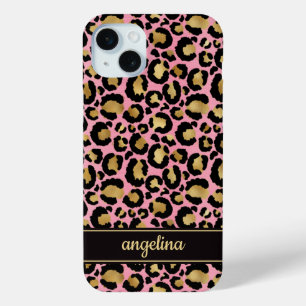 Gold Foil On Pink Leopard Print Monogrammed iPhone 15 Plus Case