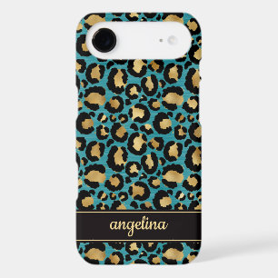 Gold Foil On Teal Leopard Print Monogrammed iPhone 17 Air Case