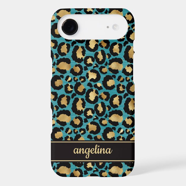 Gold Foil On Teal Leopard Print Monogrammed Case-Mate iPhone Case (Back)