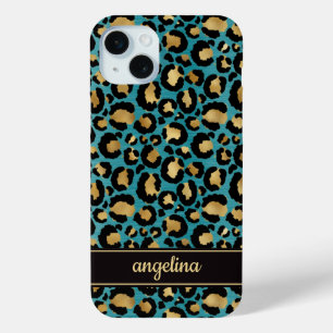 Gold Foil On Teal Leopard Print Monogrammed iPhone 15 Plus Case